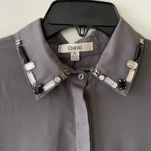 Sheer Gray Blouse with Rhinestone Collar - Picture 2 of 4